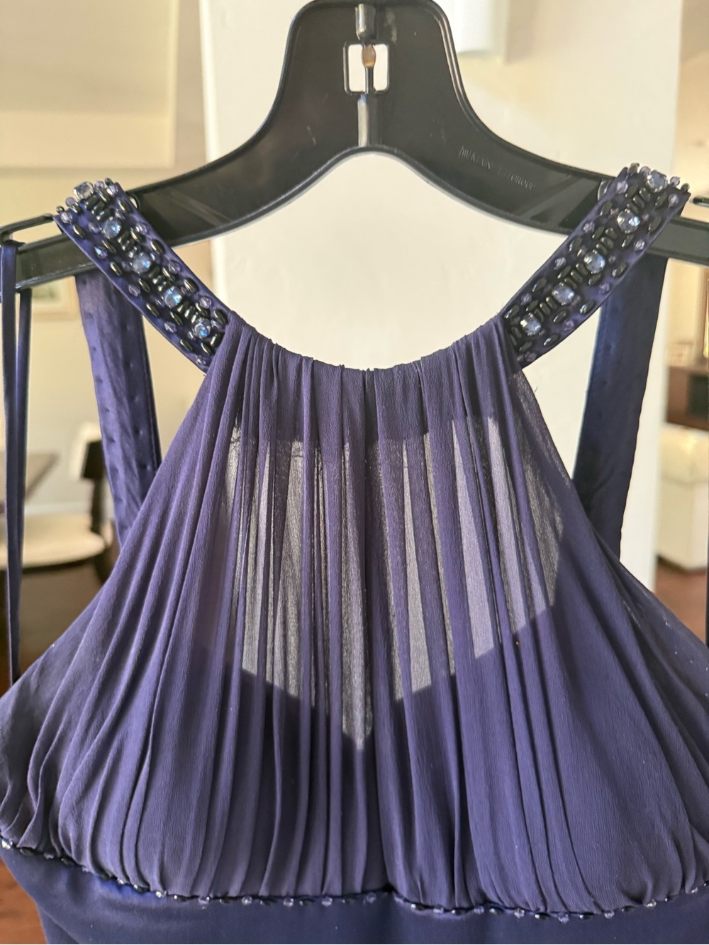 Marc Bouwer Dark Purple High-Neck Pleated Chiffon Maxi Dress with Beaded Straps